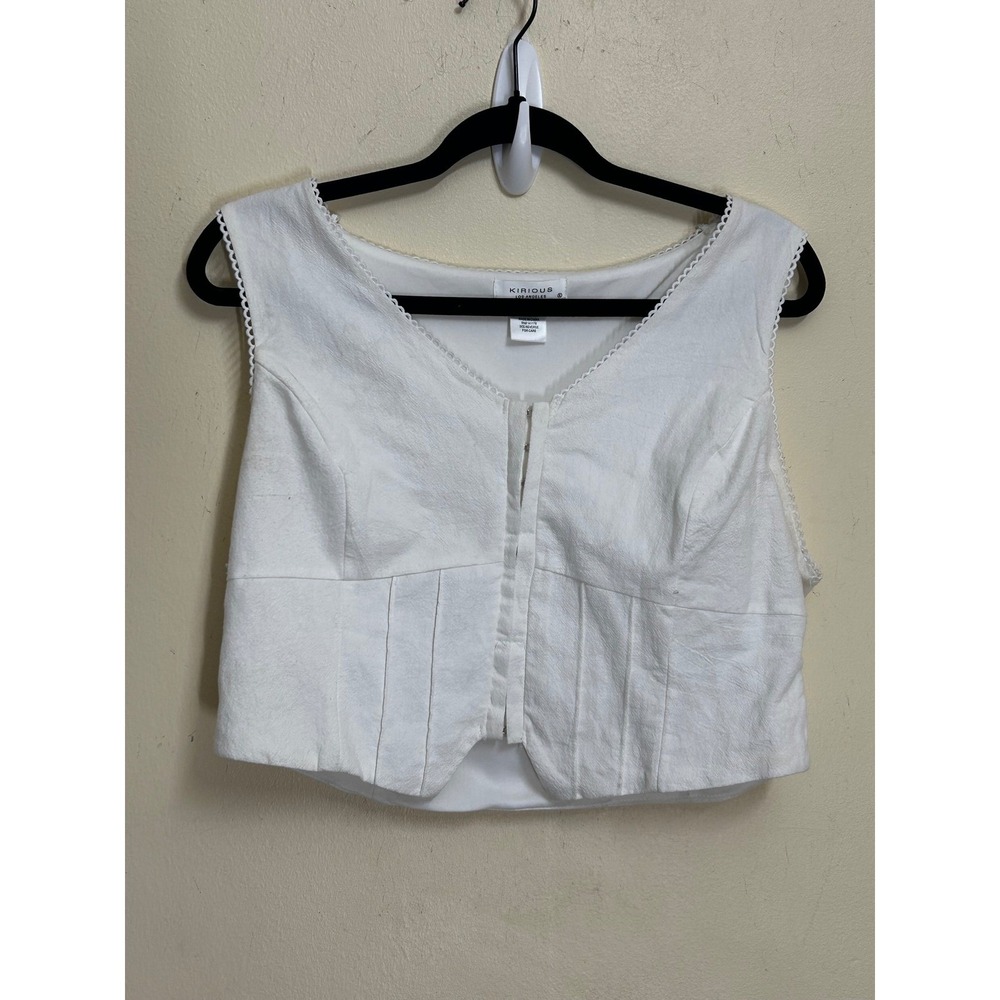 Kirious Crop Top Womens XL White Cotton Hook Eye Front Scallop Trim Tank